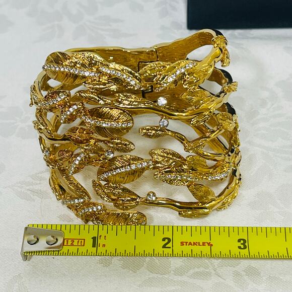 Rachel Zoe Hinged Cuff Bracelet Crystals Leaf Branches Gold Tone Leaf Branch - Picture 7 of 14